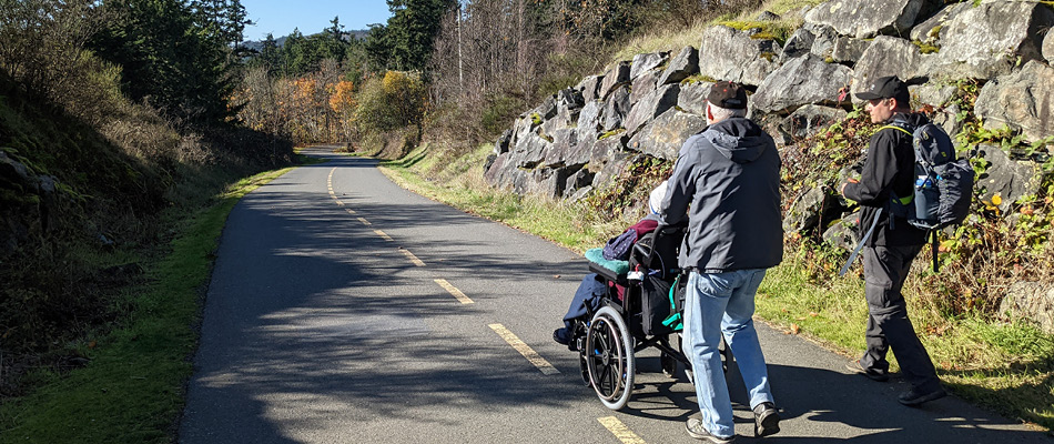 Un adulte en fauteuil roulant accompagné de deux adultes qui marchent le long d’un sentier pavé. 