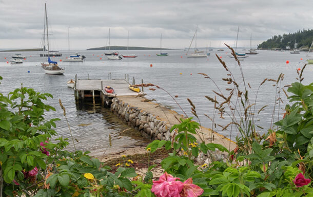 A picturesque dock in Chester with boats floating on the water and vibrant flowers in the foreground. | Un quai pittoresque à Chester avec des bateaux flottant sur l'eau et des fleurs éclatantes au premier plan.