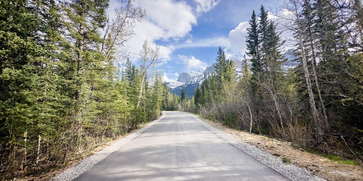 A scenic road with trees and mountains in the background. | 