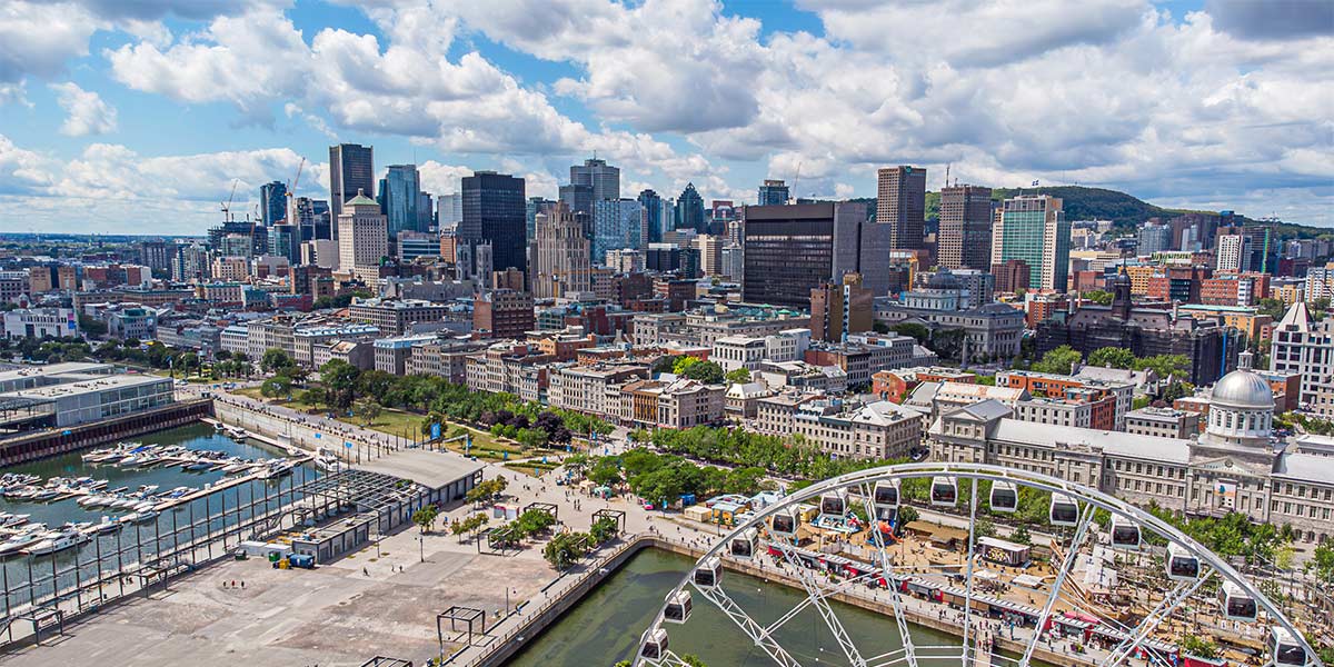 Aerial view of Montreal skyline. 