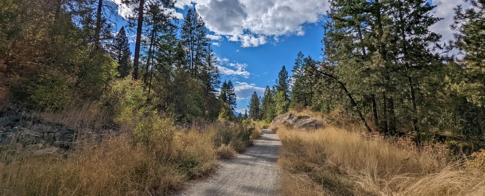 01Cascade section Trans Canada Trail view_cropped_support image_credit Off Track Travel | Sentier Transcanadien trail with trees and blue sky