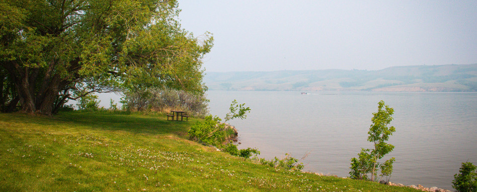 Peaceful lakeside scene at Buffalo Pound Provincial Park in Saskatchewan with picnic area, shaded trees, and rolling prairie hills—perfect for camping, fishing, and hiking