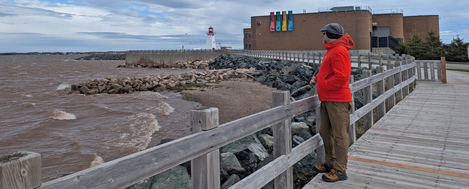 person standing on trail overlooking sea and lighthouse