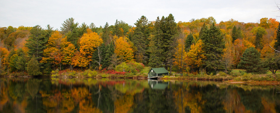 01GCH_fall colours_support image_Parc de la Gatineau_credit Vanessa Racine | Sentier Transcanadien fall foliage on a lake overlooking a cabin