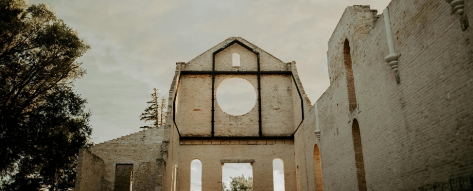 shell ruins on a monastery on a cloudy day