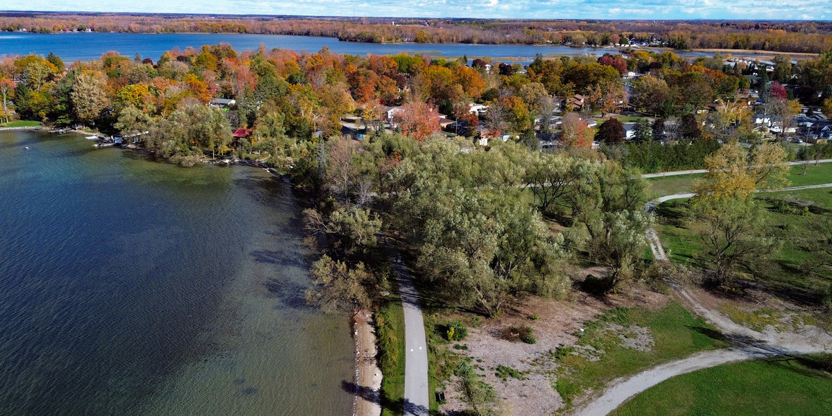 birdseye of fall trees along waterfront