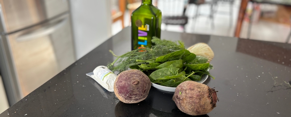 beeta and fennel and olive oil on a counter