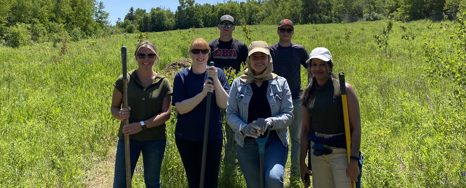 group of people standing with shovels around freshly planted trees