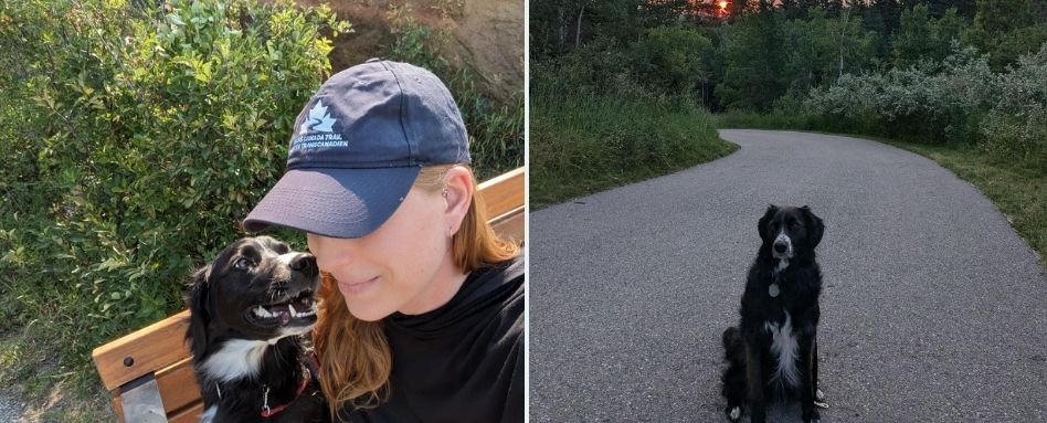 woman posing with her dog on a trail on a park bench