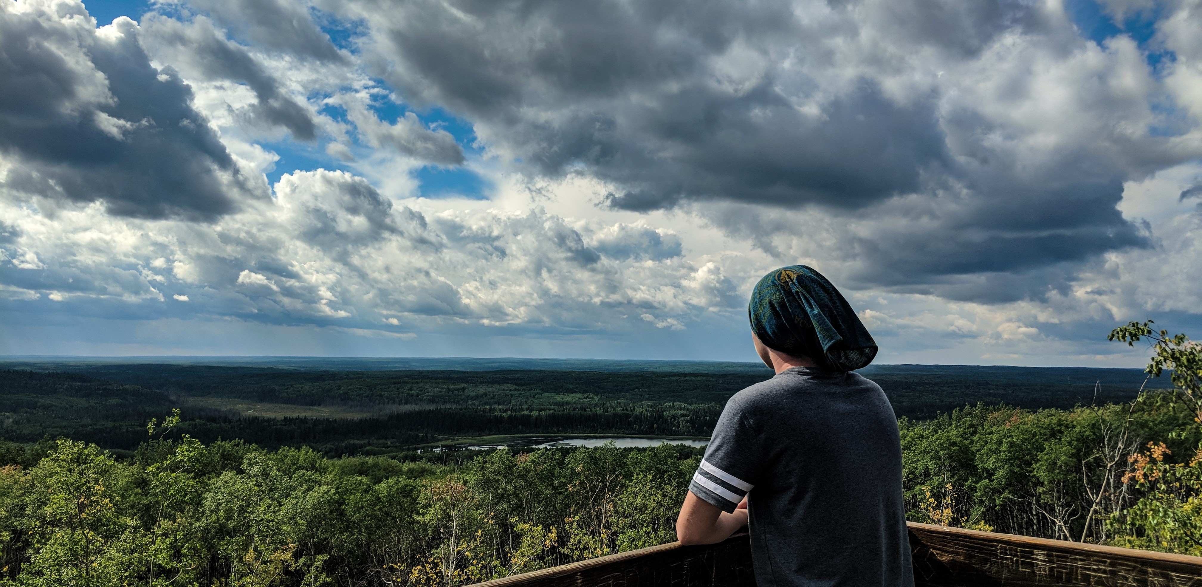 Aidan stands on a lookout admiring a beautiful green landscape below.
