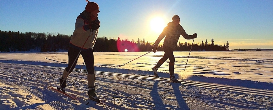 two people cross-country skiing on a snowy day