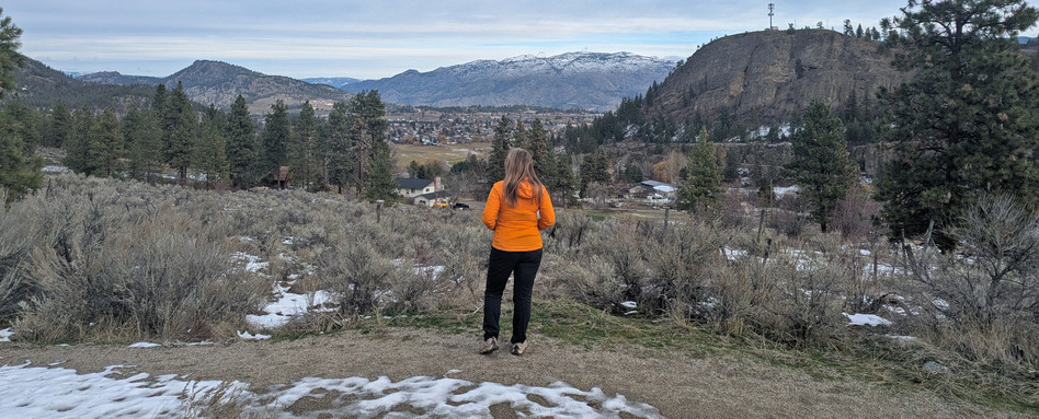woman overlooking grassy hills and mountain range