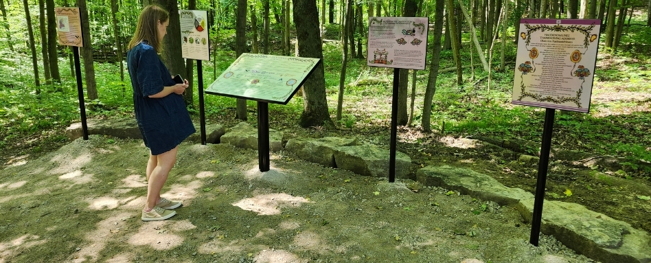 02Support image_ON_Web story_Basadinaa Experience_credit Hamilton Conservation Authority | Sentier Transcanadien person looking at local signage on the trail