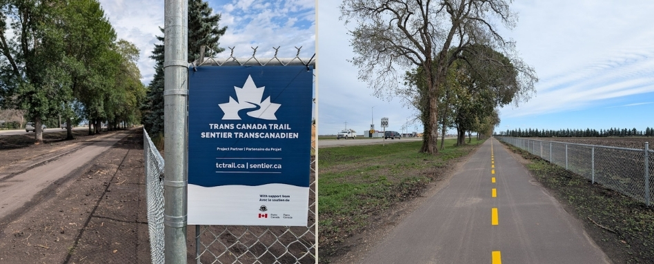 paved trail pathway with grass and tree lined trail signage