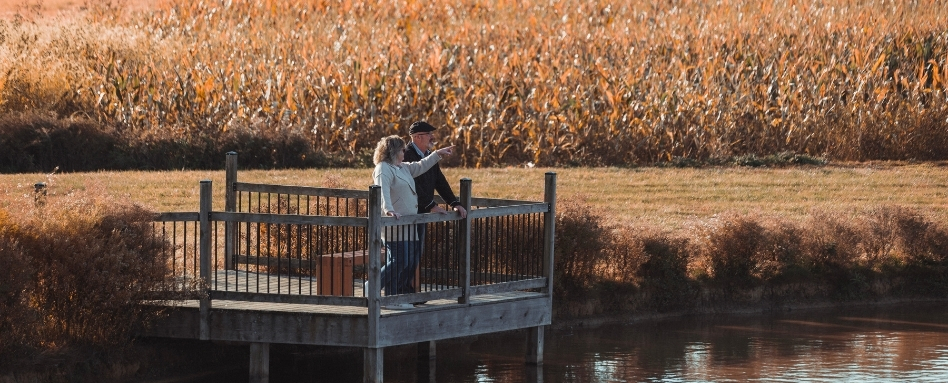 06Support image_ON_TWEPI article_John Miner birding_credit Tourism Windsor Essex Pelee Island | Sentier Transcanadien two people standing on wooden pavillion on water with fields behind