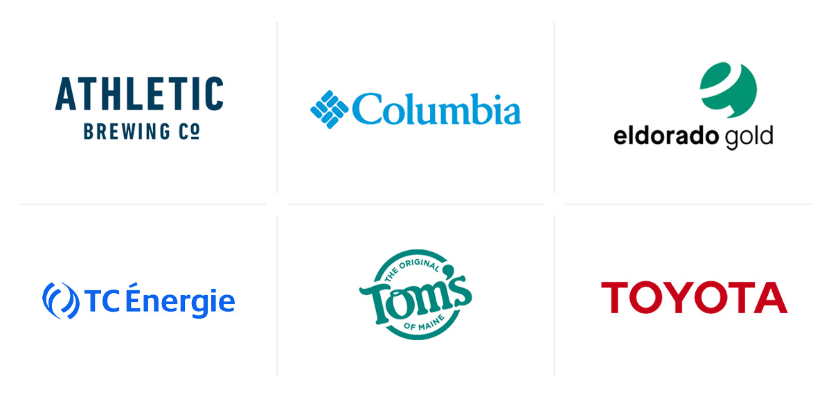 Collage of six brand logos: Athletic Brewing Co, Columbia, Eldorado Gold, TC Energy, Tom's of Maine, Toyota.