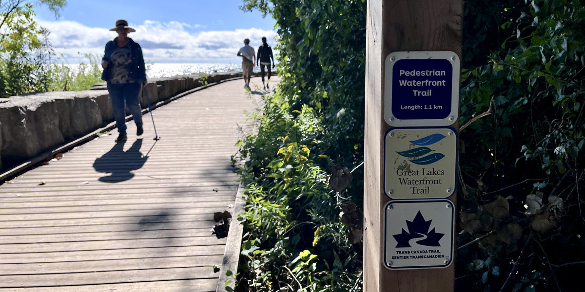 trail signage on a boardwalk trail on a sunny day